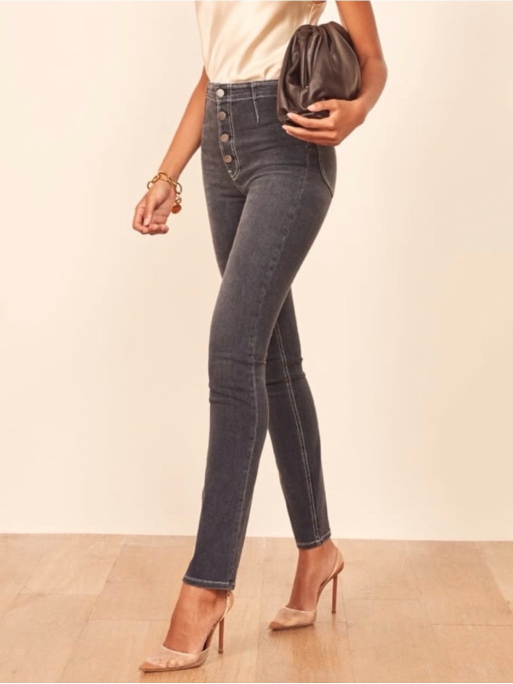 Reformation Ally Jeans Size 27 Dark Charcoal/Black Button Fly Stretch